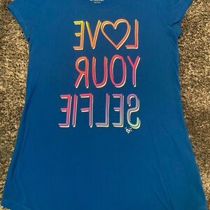 Justice Blue Graphic Tee with Multicolor Lettering